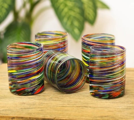 Multicolored Swirl Rocks Glasses from Mexico (Set of 6), "Hypnotic"