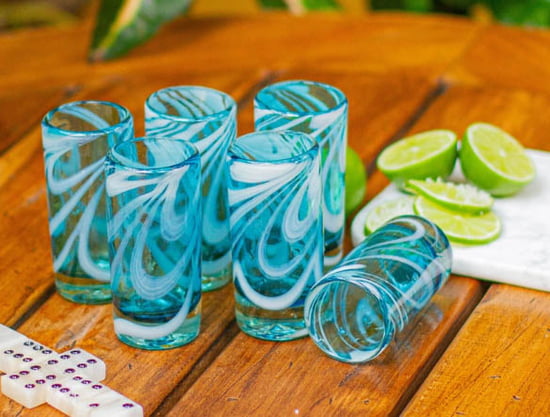 Aqua and White Swirl Shot Glasses "Whirling Aquamarine" (Set of 6)