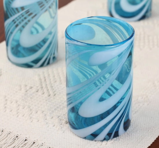 Set of 6, Mexican Hand Blown 15 oz Water Glasses in Aqua and White, "Whirling Aquamarine"