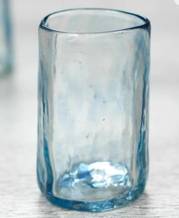 Set of 4 Mexican Clear Blue Blown Glass Mezcal Shot Glasses, "Azure Mist"