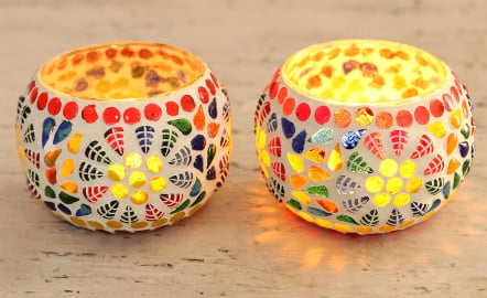 Handmade Glass Mosaic Tealight Candleholders (Pair), "Illuminated Leaves"