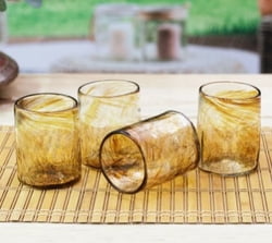 4 Hand Blown Eco-Friendly Amber Recycled Glass Juice Glasses, "Garden Relaxation in Amber"