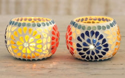 Hand Crafted Glass Mosaic Tealight Holders (Pair), "Ambient Flowers"