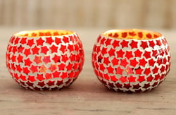 Red Star Glass Mosaic Tealight Holders (Pair), "Burning Stars"