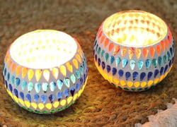 Colorful Glass Mosaic Tealight Candle Holders (Pair), "Festive Drops"