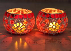 Handmade Glass Mosaic Tealight Candleholders (Pair), "Firelight"