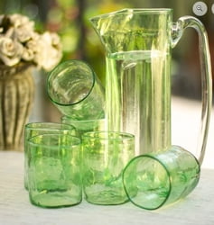 Handblown 7-Piece Pitcher and Tumbler Set in Clear Green, "Garden Relaxation in Green"