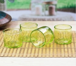 4 Hand Blown Eco-Friendly Green Recycled Glass Juice Glasses, "Lime Relaxation"