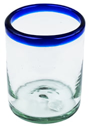 100% Recycled Mexican Artisan Handblown Glass, Cobalt Blue Rim Double Old Fashioned, 12 oz, Set of 4