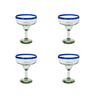 100% Recycled Mexican Artisan Handblown Glass, Cobalt Blue Rim Margarita Glass, 14 oz, Set of 4