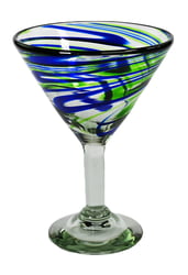 100% Recycled Mexican Artisan Handblown Glass, Blue and Green Martini Glass, 14 oz, SET OF 4