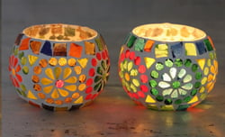 Cheerful Multicolored Glass Mosaic Tealight Holders (Pair), "Rainbow Cheer"