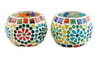 Cheerful Multicolored Glass Mosaic Tealight Holders (Pair), "Rainbow Cheer"