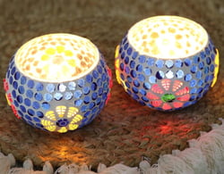 Blue Glass Mosaic Tealight Candleholders (Pair), "Royal Light"