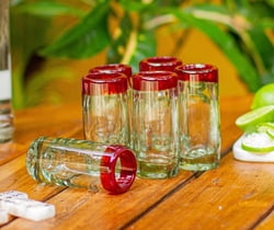 Hand Blown Tequila Glasses, Set of 6, Red Rim Mexico, "Ruby Shot"