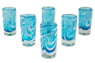 Set of 6, Hand Blown Shot Glasses in Aqua and White from Mexico, "Whirling Aquamarine"