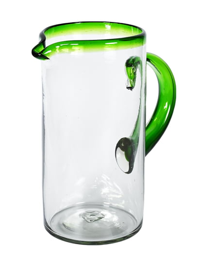 100% Recycled Mexican Artisan Handblown Glass, Green Rim Straight Pitcher, 100 oz