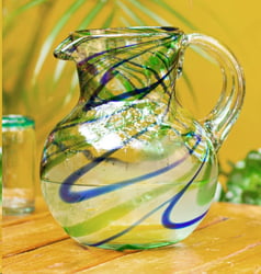 Blue and Green Swirls Hand Blown Glass Pitcher (84 oz), "Elegant Energy"