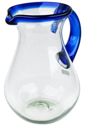 100% Recycled Mexican Artisan Handblown Glass, Cobalt Blue Rim Straight Pitcher, 84 oz