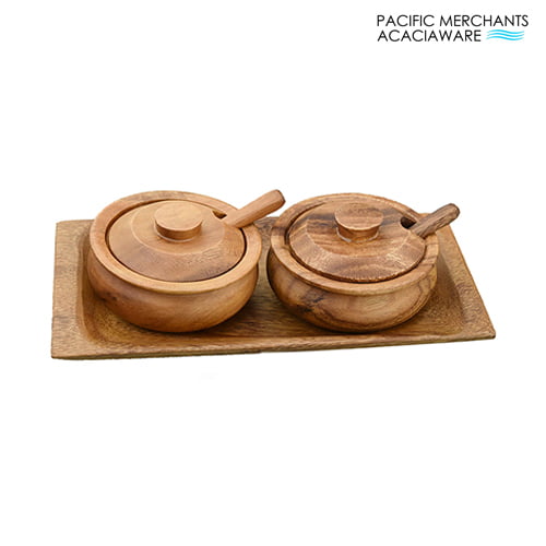 Acacia Wood 2-Piece Condiment Set, 9" x 4" with Tray, Lids & Spoons